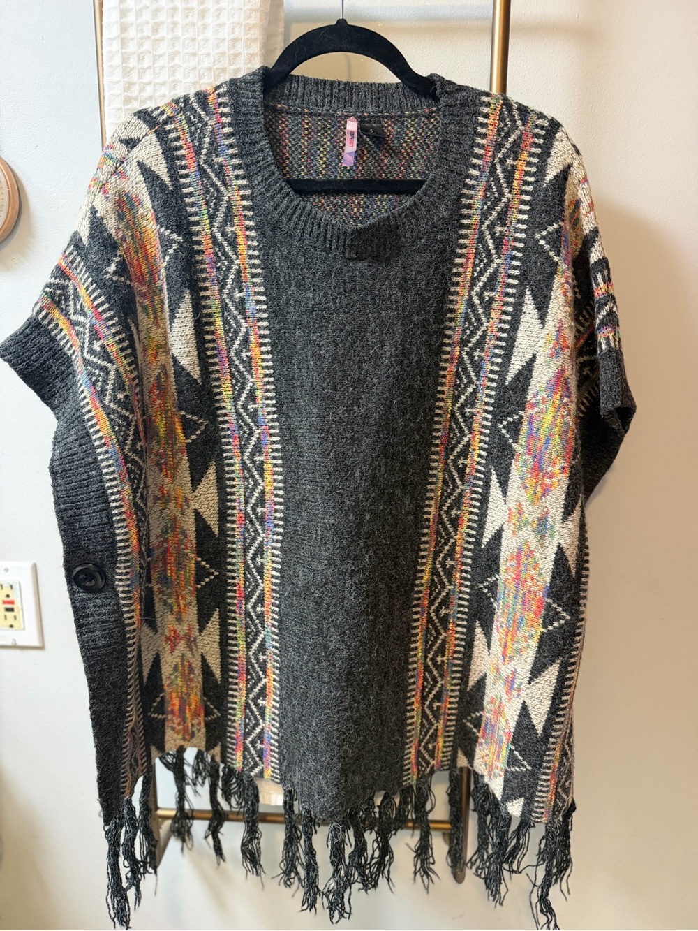 Love By Design Charcoal Multi Fringe Poncho Sweater Small